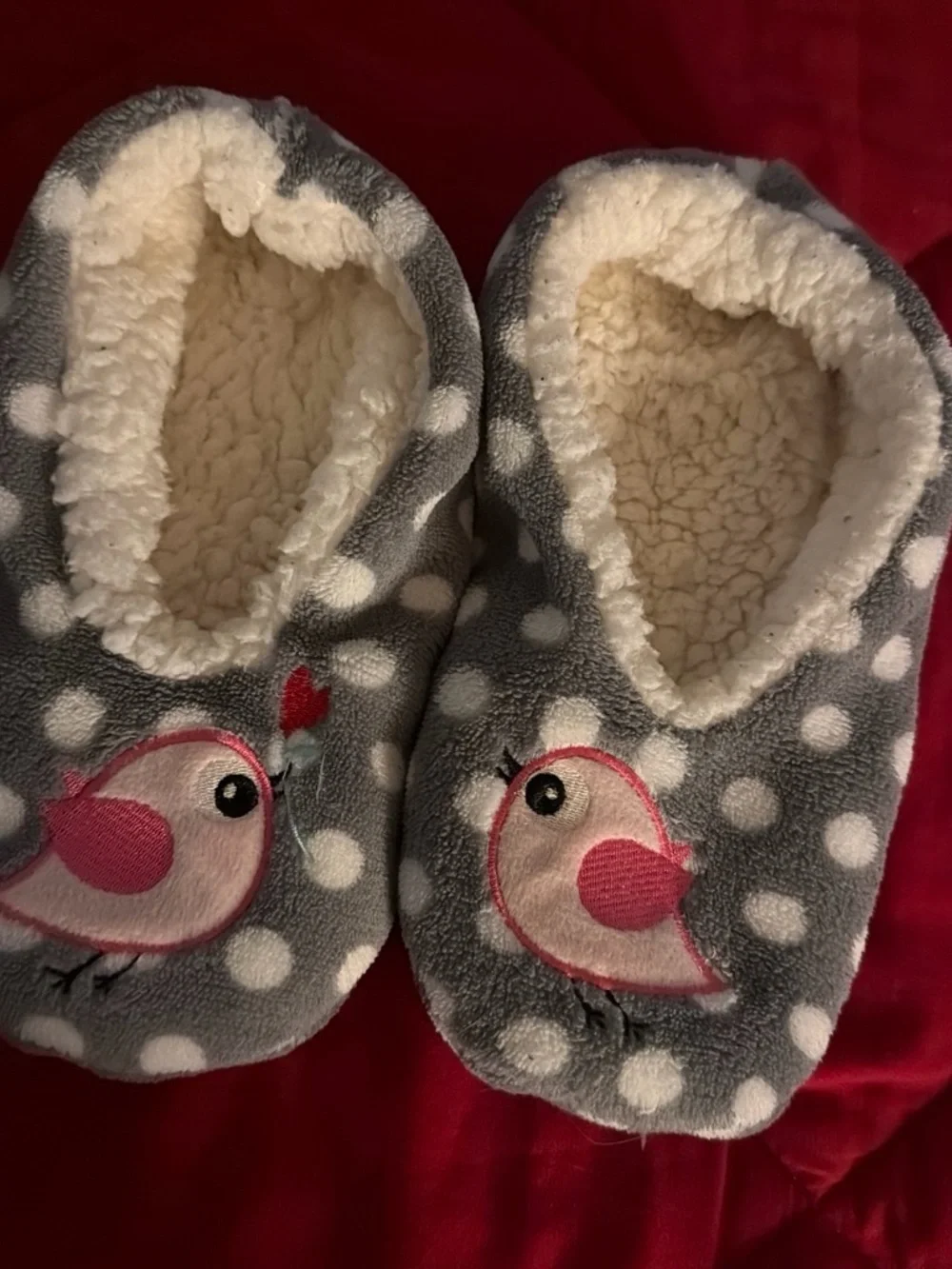 Cozy Grey Polka Dot Slippers with Pink Bird Accent